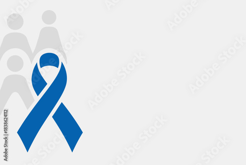 A blue awareness ribbon with faint grey silhouettes of people in the background on a light grey and white background, symbolizing support for a cause.