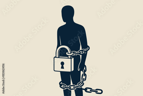 A silhouette of a person with a heavy chain and padlock around their waist, symbolizing restriction and lack of freedom.