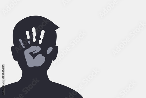 A dark silhouette of a person's head and shoulders from behind, with a prominent white handprint on the back of the head, symbolizing impact or abuse.