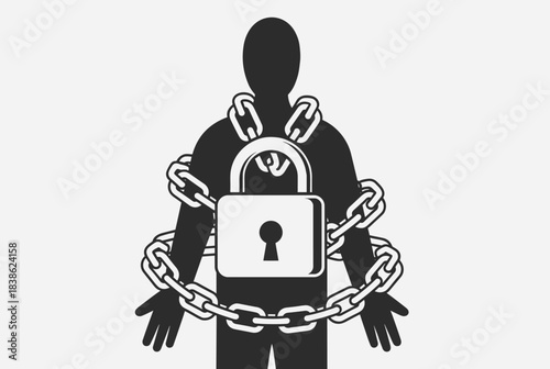 A black silhouette of a person bound by heavy chains and a large padlock, symbolizing restriction and lack of freedom.