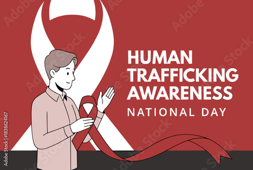 A man holding a red ribbon for Human Trafficking Awareness National Day, with a large white ribbon in the background.