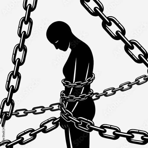 A person's silhouette bound by heavy chains, symbolizing mental struggle, oppression, and despair in a stark black and white illustration.