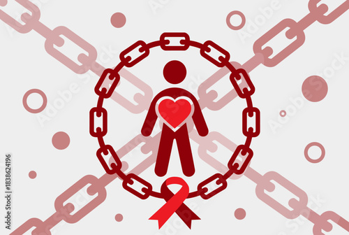 A red silhouette of a person with a heart, encircled by a chain with an AIDS awareness ribbon, symbolizing health challenges and support.
