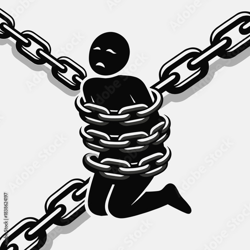 A black silhouette of a person bound by heavy chains, depicting a state of captivity or oppression.