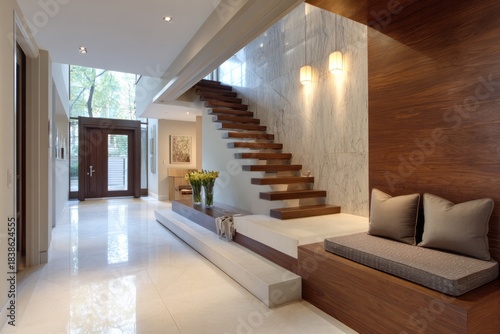 Modern foyer with floating stairs and built-in seating.