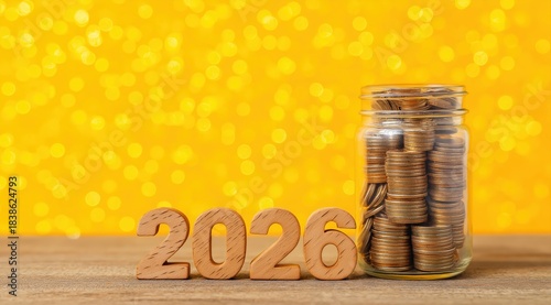 Wooden 2026 numbers next to a glass jar filled with coins, representing future savings and financial goals