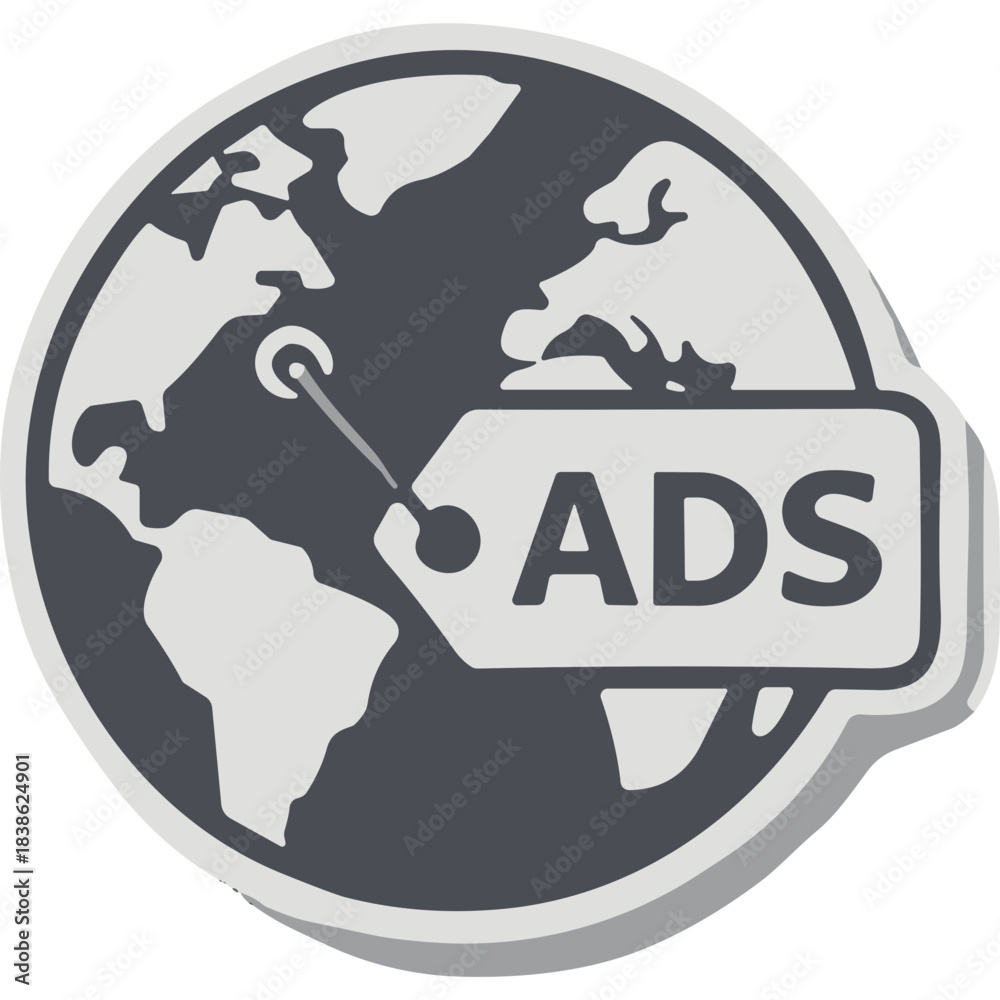 Naklejka premium Global Advertising Tag Icon Representing Worldwide Marketing Campaigns And Promotions With An Earth Globe Illustration And Text Ads On A Label