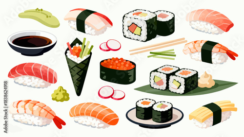 This vibrant illustration displays a variety of Japanese sushi (including nigiri, maki rolls, and tobiko-topped pieces) arranged neatly, featuring fresh ingredients like salmon, avocado