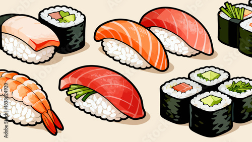 This vibrant illustration displays a variety of Japanese sushi (including nigiri, maki rolls, and tobiko-topped pieces) arranged neatly, featuring fresh ingredients like salmon, avocado