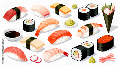 This vibrant illustration displays a variety of Japanese sushi (including nigiri, maki rolls, and tobiko-topped pieces) arranged neatly, featuring fresh ingredients like salmon, avocado
