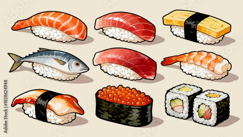 This vibrant illustration displays a variety of Japanese sushi (including nigiri, maki rolls, and tobiko-topped pieces) arranged neatly, featuring fresh ingredients like salmon, avocado