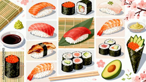 This vibrant illustration displays a variety of Japanese sushi (including nigiri, maki rolls, and tobiko-topped pieces) arranged neatly, featuring fresh ingredients like salmon, avocado