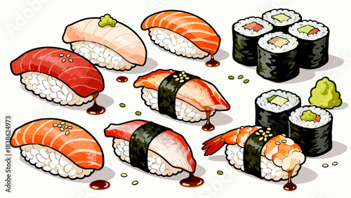 This vibrant illustration displays a variety of Japanese sushi (including nigiri, maki rolls, and tobiko-topped pieces) arranged neatly, featuring fresh ingredients like salmon, avocado