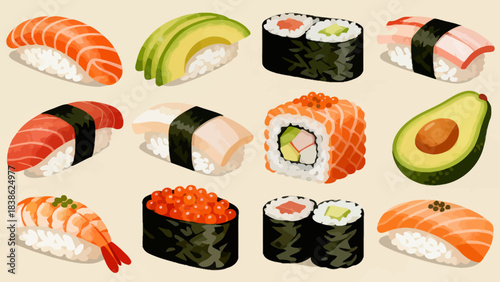 This vibrant illustration displays a variety of Japanese sushi (including nigiri, maki rolls, and tobiko-topped pieces) arranged neatly, featuring fresh ingredients like salmon, avocado