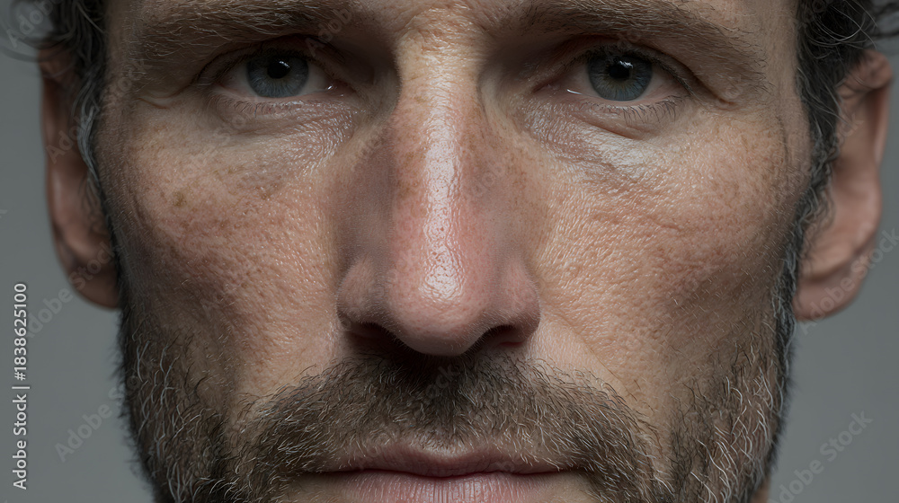 Obraz premium A Man's Intense Gaze: A close-up portrait unveils a man's weathered face, capturing the depth of experience and emotion in his intense gaze.