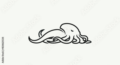 Minimalist octopus illustration with curled tentacles on white background.