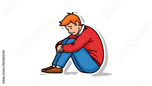 Sad Man Crouching Isolated on Black Background Depressed Emotion and Loneliness Represented by a Single Figure in Red Sweater and Blue Jeans