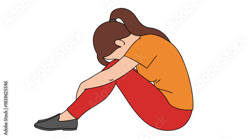 Sad Young Woman Crouching With Head Down In Orange T Shirt Red Pants And Grey Shoes On Black Background Depicting Loneliness And Depression