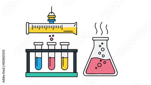 Science Laboratory Equipment Setup with Test Tubes Beakers and Flasks Containing Colored Liquids on a Black Background Illustrating Chemical Experimentation and Research
