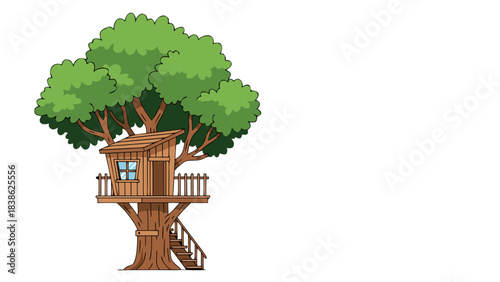 Rustic Wooden Treehouse with Stairs Nestled in a Lush Green Tree Against a Stark Black Background Ideal for Childhood Fantasy and Outdoor Adventure Themes