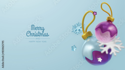 Elegant 3D render of red dipped baubles and golden stars, creating a playful Christmas mood with generous copy space for text