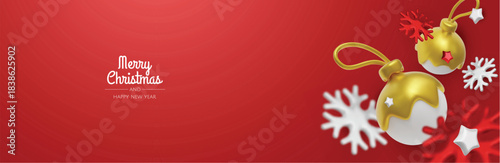 Happy New Year and Merry Christmas. Christmas holiday background with realistic 3d objects, bauble balls, conical metal stars. Levitation falling design composition.