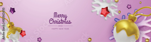 Stylish winter holiday banner featuring shiny violet baubles, snowflakes, and copy space, ideal for sales, ads, and seasonal marketing.