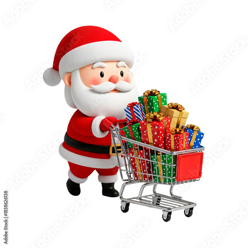 Santa Claus pushing a shopping cart full of gifts