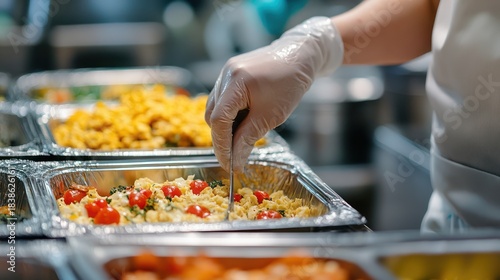 Chef serving food buffet, serving dish, food preparation, cafeteria