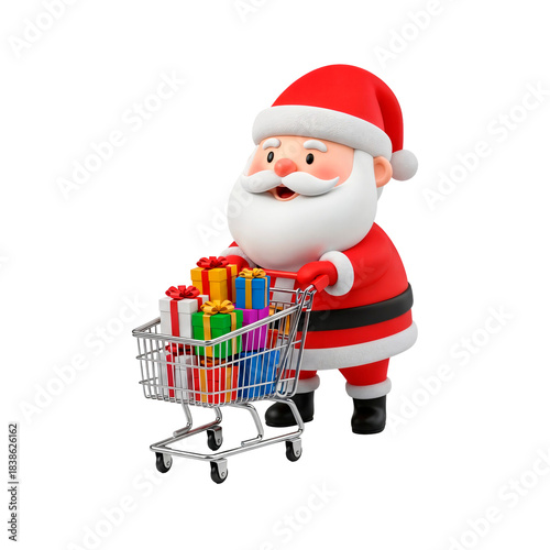 Santa Claus pushing a shopping cart full of gifts
