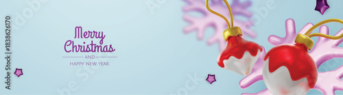 Minimalist Christmas illustration with glossy baubles, snowflakes, and trees in calm blue tones, perfect for greeting cards and New Year promotions