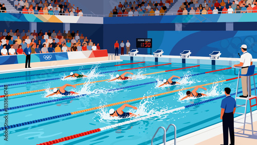 This illustration depicts a competitive swimming race in an indoor stadium pool, with athletes stroking through lane-divided water, spectators cheering in the stands, officials overseeing the event