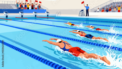 This illustration depicts a competitive swimming race in an indoor stadium pool, with athletes stroking through lane-divided water, spectators cheering in the stands, officials overseeing the event