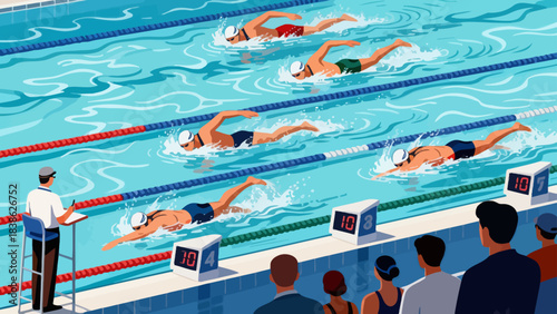 This illustration depicts a competitive swimming race in an indoor stadium pool, with athletes stroking through lane-divided water, spectators cheering in the stands, officials overseeing the event