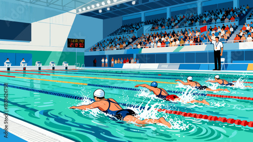 This illustration depicts a competitive swimming race in an indoor stadium pool, with athletes stroking through lane-divided water, spectators cheering in the stands, officials overseeing the event