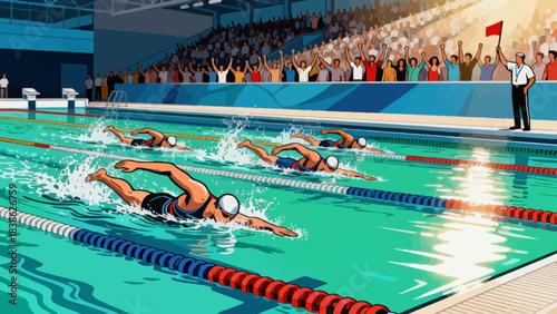 This illustration depicts a competitive swimming race in an indoor stadium pool, with athletes stroking through lane-divided water, spectators cheering in the stands, officials overseeing the event