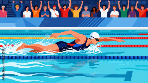 This illustration depicts a competitive swimming race in an indoor stadium pool, with athletes stroking through lane-divided water, spectators cheering in the stands, officials overseeing the event