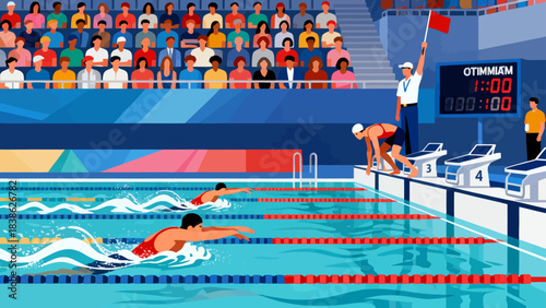This illustration depicts a competitive swimming race in an indoor stadium pool, with athletes stroking through lane-divided water, spectators cheering in the stands, officials overseeing the event