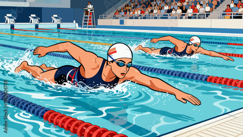 This illustration depicts a competitive swimming race in an indoor stadium pool, with athletes stroking through lane-divided water, spectators cheering in the stands, officials overseeing the event