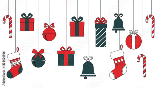 Hanging Christmas Decorations with Gifts Bells Candy Canes and Stockings Minimalist Design