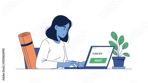 Woman minting cryptocurrency or NFT on laptop- remote work with yoga mat and plant