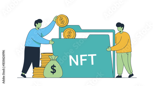 NFT investment and digital asset management concept with people and money