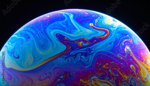 Macro Close-up Photography of Vivid Swirling Colors on a Soap Bubble Film Resembling a Microscopic Celestial Body