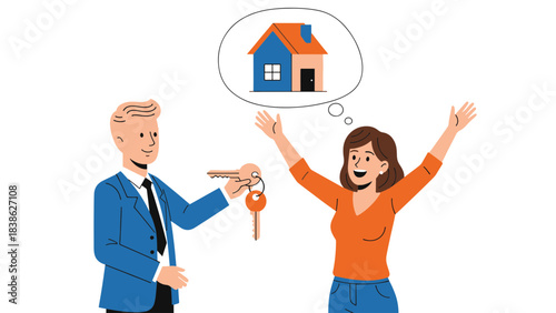 Happy woman receives house keys from realtor dreaming of new home ownership