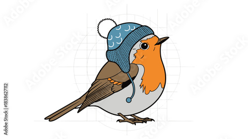 Cute cartoon robin bird wearing a blue winter hat with pompom and ear flaps