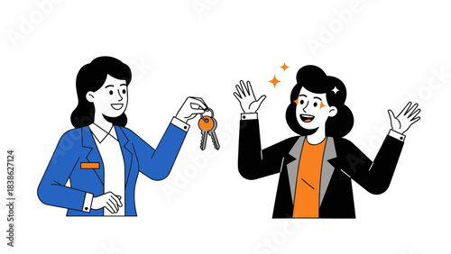 Realtor hands over keys to excited woman celebrating new home or car purchase