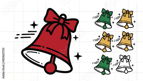 Colorful Christmas Bells Collection with Bows and Stars - Festive Holiday Design Elements