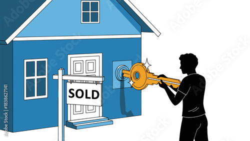 New home ownership concept with person inserting key into a sold house lock