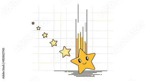 Happy star character falling on a grid with data bars and smaller stars