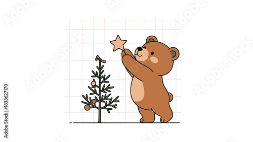 Cute cartoon bear decorating Christmas tree with a star topper festive holiday illustration